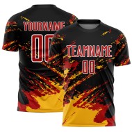 Benutzerdefinierte schwarz rot-gold abstrakte Fragment Kunst Splash Sublimation Fußball Uniform Trikot Benutzerdefinierte schwarz rot-gold abstrakte Fragment Kunst Splash Sublimation Fußball Uniform Trikot