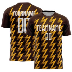 Benutzerdefiniertes braun-weiß-goldenes Sublimations-Fußballtrikot in Zickzack-Form Benutzerdefiniertes braun-weiß-goldenes Sublimations-Fußballtrikot in Zickzack-Form