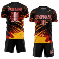 Benutzerdefinierte schwarz rot-gold abstrakte Fragment Kunst Splash Sublimation Fußball Uniform Trikot Benutzerdefinierte schwarz rot-gold abstrakte Fragment Kunst Splash Sublimation Fußball Uniform Trikot
