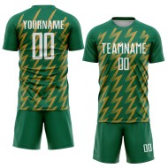 Benutzerdefinierte Kelly Green Weiß-Altgold Zickzack Form Sublimation Fußball Uniform Trikot Benutzerdefinierte Kelly Green Weiß-Altgold Zickzack Form Sublimation Fußball Uniform Trikot