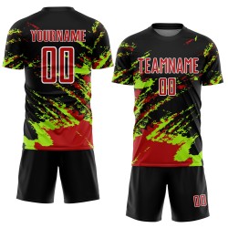 Benutzerdefinierte schwarz rot-neongrün abstrakte Fragment Kunst Splash Sublimation Fußball Uniform Trikot Benutzerdefinierte schwarz rot-neongrün abstrakte Fragment Kunst Splash Sublimation Fußball Uniform Trikot